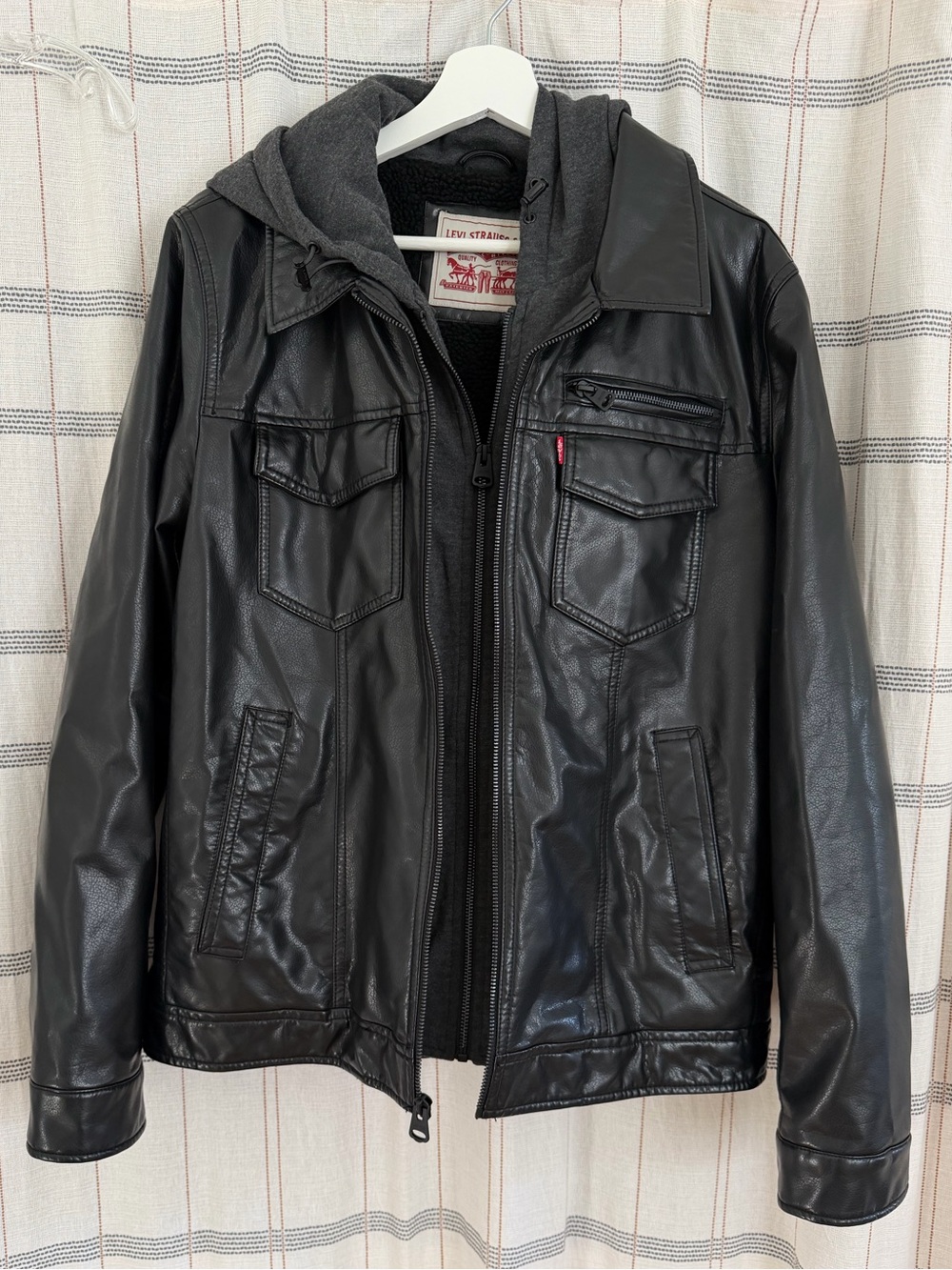 Levi's Men’s Black Faux Leather Hooded Bomber Jacket